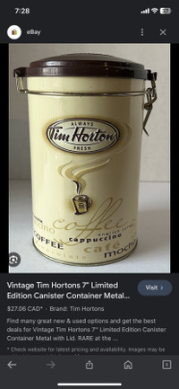 Vintage Tim Hortons 7" Limited Edition Canister Container Metal 