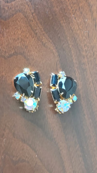 60s Aurora Borealis and Black Glass Clip Earrings