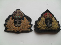 RCN Naval Officers Cap Badges, Kings Crown 2WW, gold embroidered