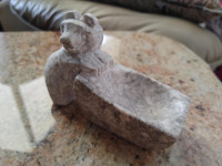 Vintage Very Rare Inuit One Piece Soapstone Of A Bear With Dish