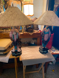 2 Vintage Chalkware Table Lamps w/Shades Mid Century Oriental/As