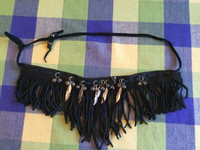 Black Suede Leather Fringe Chocker * Embellished * Feather Charm