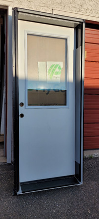 32x80in Flat Fiberglass Prehung Exterior Door RH. Insert 22x36