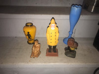 ASSORTED 2 UNIQUE VASES / 3 WOOD CARVINGS -MUST SEE