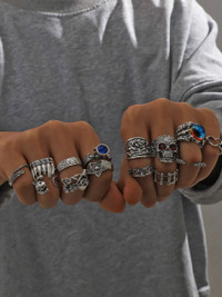 14pcs/set Hollow Out Gothic Style Men's Ring Set With Skull