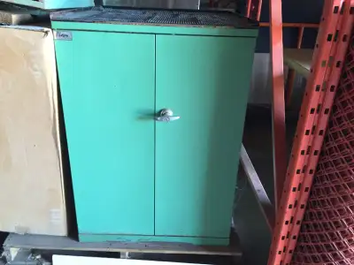TURQUOISE STEEL LISTA CABINET WITH DRAWERS - 28 INCH WIDE, 30 DEEP, 39 1/2 TALL - 2 PULL OUT DRAWERS...
