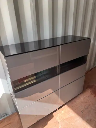Black-brown frame with grey/glossy doors and a black glass top, View more