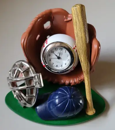 Vintage Baseball Diamond with Bat Glove Ball Mask Hat Desk Clock, View more