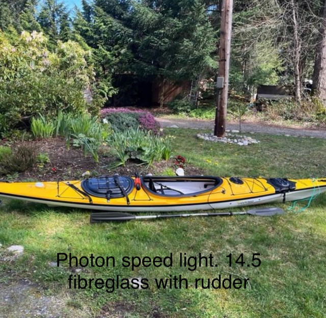 Photon speed light 15’ fibreglass kayak/ rudder/gear/THULE rack in Water Sports in Campbell River - Image 2