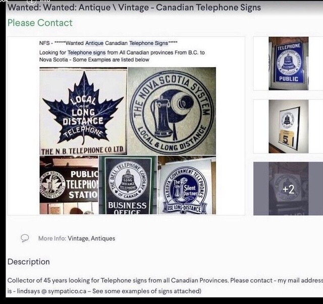 WANTED - ANTIQUE CANADIAN TELEPHONE SIGNS in Arts & Collectibles in Fredericton - Image 2