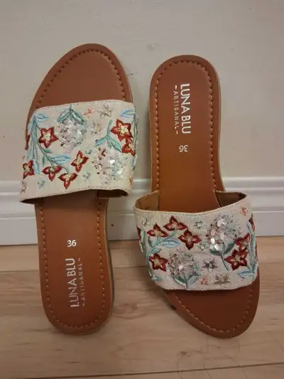 NEW CREAM EMBROIDERED SLIDE SANDAL, View more