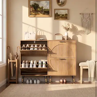 Shoe Cabinet Storage 2 Flip Drawers w/ Fluted Doors 8-12 Pairs, View more
