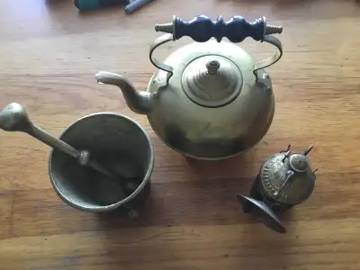 Antique Brass,  kettle,  mortar,  and carbide bicycle lamp, View more