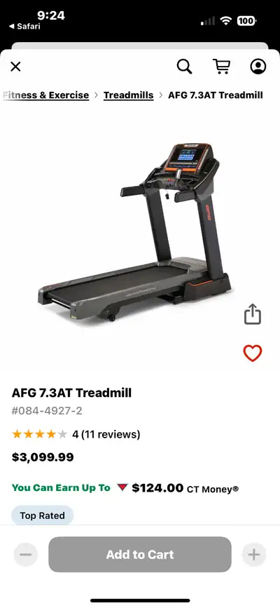 AFG 7.3AT Treadmill Continuous 3.0 HP motor Cushioned deck support system Speed range: 0.5-12 mph In...