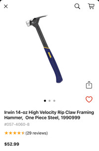 Irwin 14-oz High Velocity Rip Claw Framing Hammer, One Piece Ste
