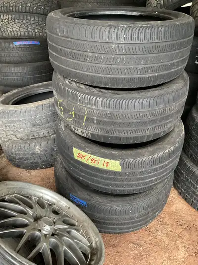 Offering a set of used tires, size 225/45/18, perfect for your vehicle's tire replacement needs. The...
