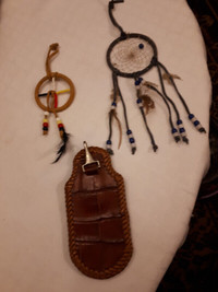 Native Canadian Indian LEATHER Tool Holder and 2 Dream Catchers