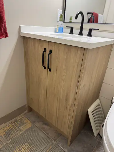 wood look bathroom vanity with a quartz top, View more