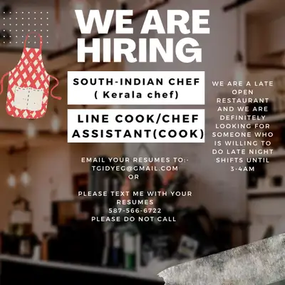 ASAP hiring South Indian Cooks , Kitchen helpers & Dishwasher , View more