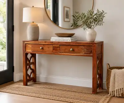 solid wood boho console table with 2 drawers , View more