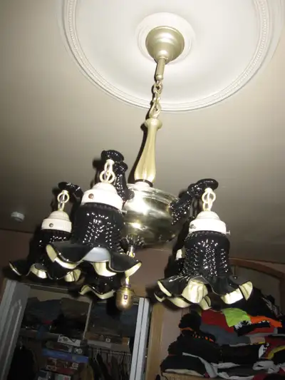 5 ARM BRASS LIGHT FIXTURE WITH BLACK & BRONZE SHADES, View more