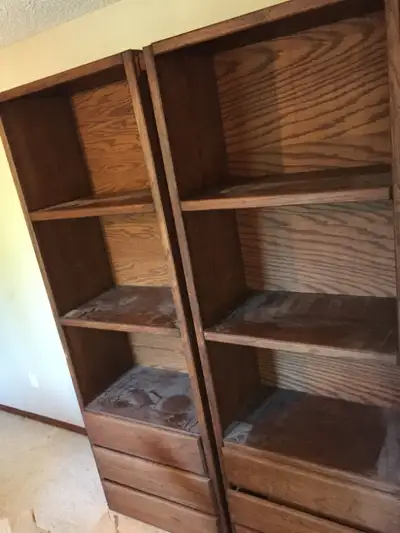 Tall wooden shelving unit w/drawers. Dimensions - 17" D x 30" W x 79" H. Lot FHDRshe $90 for one PLE...