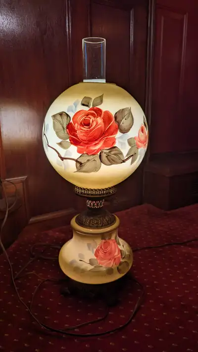 Antique hand-painted glass globe hurricane / 2 stage globe light with rose flower motif