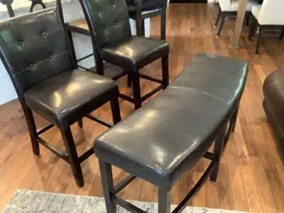 two padded bar height stools & a padded bar height curved bench, View more