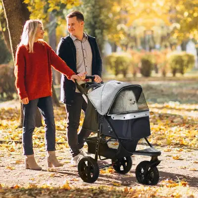 3 Wheel Folding Dog Stroller, Grey Color , View more