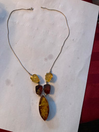 Vintage antique necklace silver and amber gold flakes artisan 