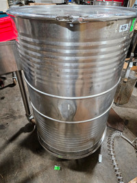110 gallon stainless steel barrel, on casters,