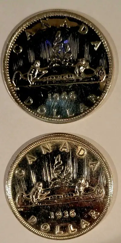 2 Canadian Silver Dollars lot, 1936 and 1966, Circulated. , View more
