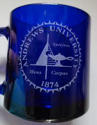 Vintage Andrews University Mens Corpus 1874 Cobalt Blue GlassMug