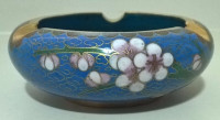 Vntg Chinese Cloisonne Ashtray Cobalt Blue Apple/Cherry Blossom