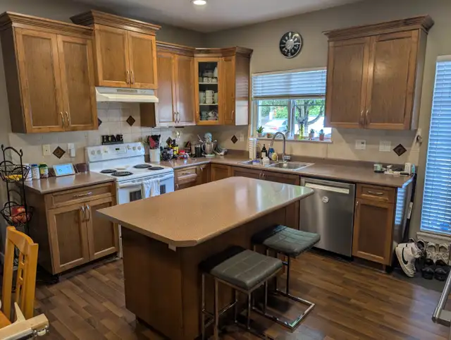 WOOD SHAKER KITCHEN CABINETS + ISLAND, used