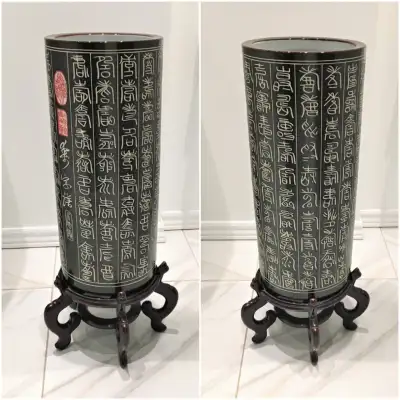 Chinese Ceramic Calligraphy Umbrella Stand with Stand like New, View more