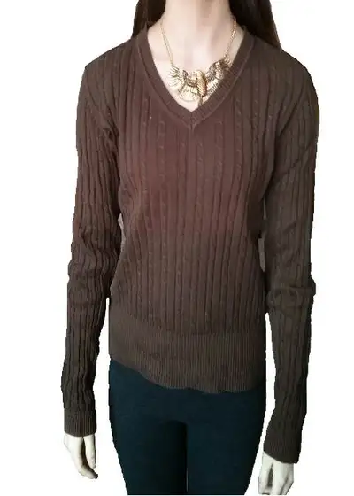 Brown v-neck sweater. Size M. $7 Brown 3/4 sleeve cardigan. Size M. $10 Roll neck cream cotton sweat...