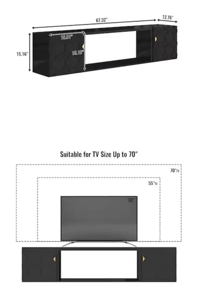 TV Stand – 67 inches Wide; Meuble TV noir, View more