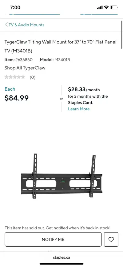 This TygerClaw tilting wall mount is designed for 37" to 70" flat panel TVs. It's in used condition,...