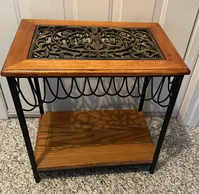 Vintage Wrought Iron & Wood Side Table / Nightstand with Shelf, View more