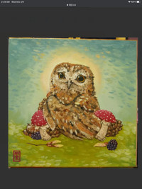 Oil painting original cute baby owl fantasy