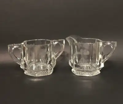 1950’s Vintage Etched Glass Sugar Bowl and Creamer Set., View more