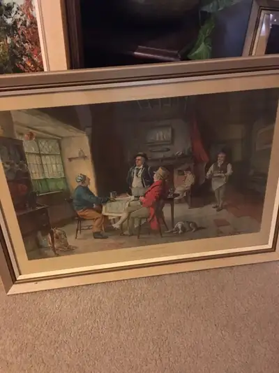 Antique coloured print of businessmen discussing opportunities great condition in antique frame unde...