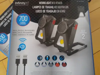Infinity X1 Work Lights with Bluetooth Speakers, 2 pk, New - $25