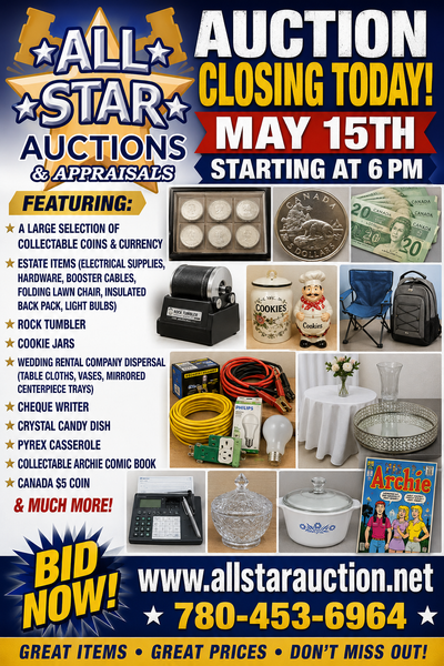 EDMONTON:  Timed Online Weekly Auction - Closing May 15th @ 6 pm, View more