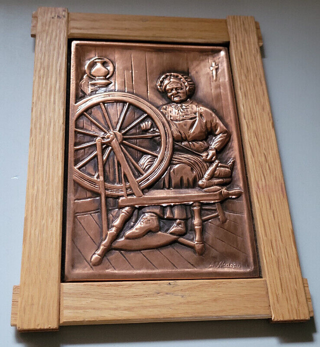 Vintage Colonial Pioneer Woman at Spinning Wheel Copper in Wood in Arts & Collectibles in Oshawa / Durham Region - Image 2