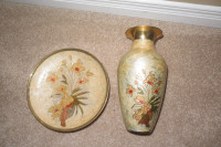 Brass Enamel Vase and Footed Bowl