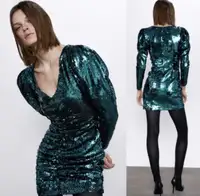Zara Sequin Draped Party Dress Medium Green