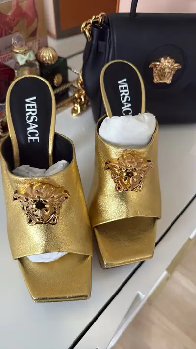 Versace Gold Medusa Heeled Mules – Size 39.5, View more