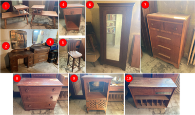 Plusieurs meubles a vendre. Années 1950-1960. Voir photos pour matcher numeros ci-bas: 1) 2 petites...